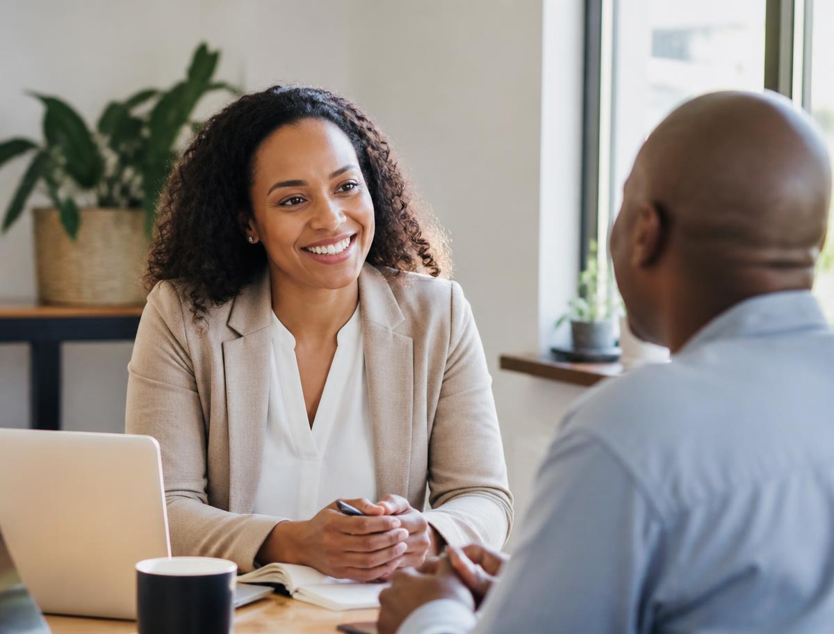 A consultant from SA Wealth Solutions talking with a client in her office