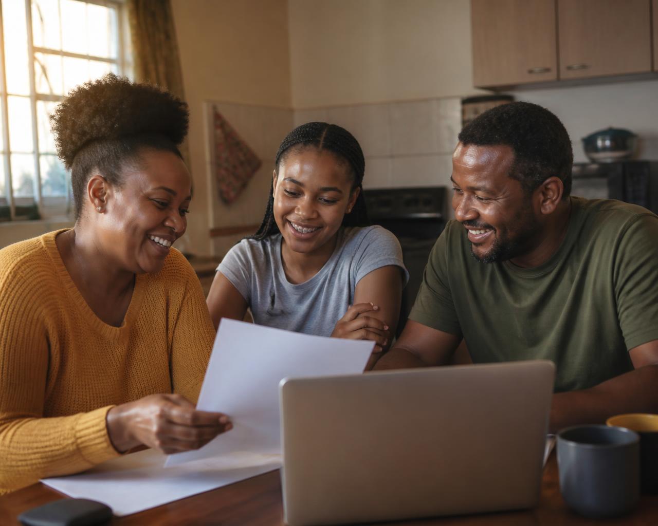 A South African family going through their finances together at the kitchen table
